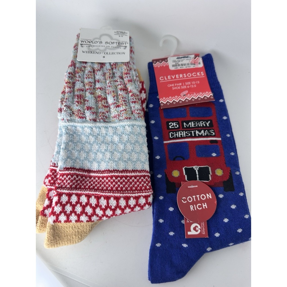 Christmas Socks 2 Pair Lot Worlds Softest Cleversocks Fair Isle Bus NWT
